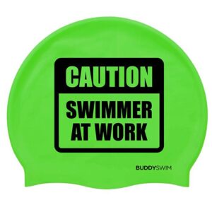 Buddyswim Caution Swimmer At Work Silicone Swimming Cap Verde