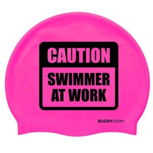 Buddyswim Caution Swimmer At Work Silicone Swimming Cap Rosa