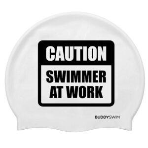 Buddyswim Caution Swimmer At Work Silicone Swimming Cap Blanco
